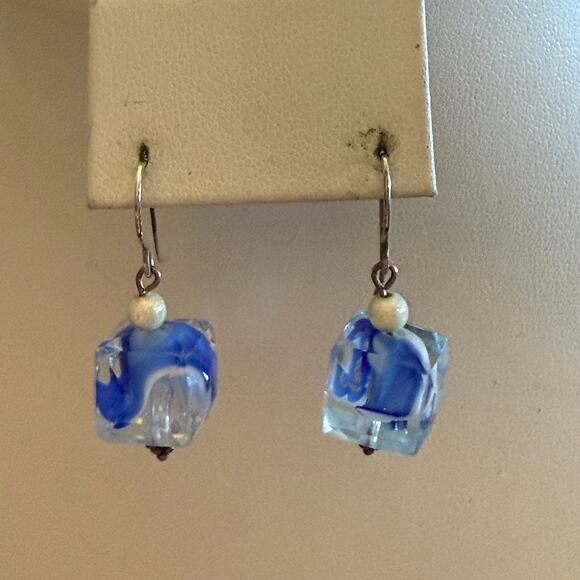 🎉HP!🎉 Blue & White Swirled Glass Artisan Drop Earrings - Picture 5 of 5